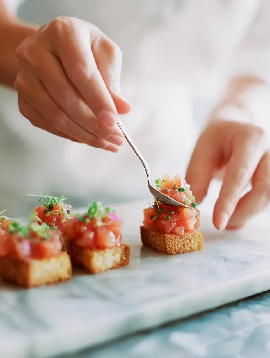 Assembling tuna tartare canapés on crispy brioche.Assembling tuna tartare canapés on crispy brioche.