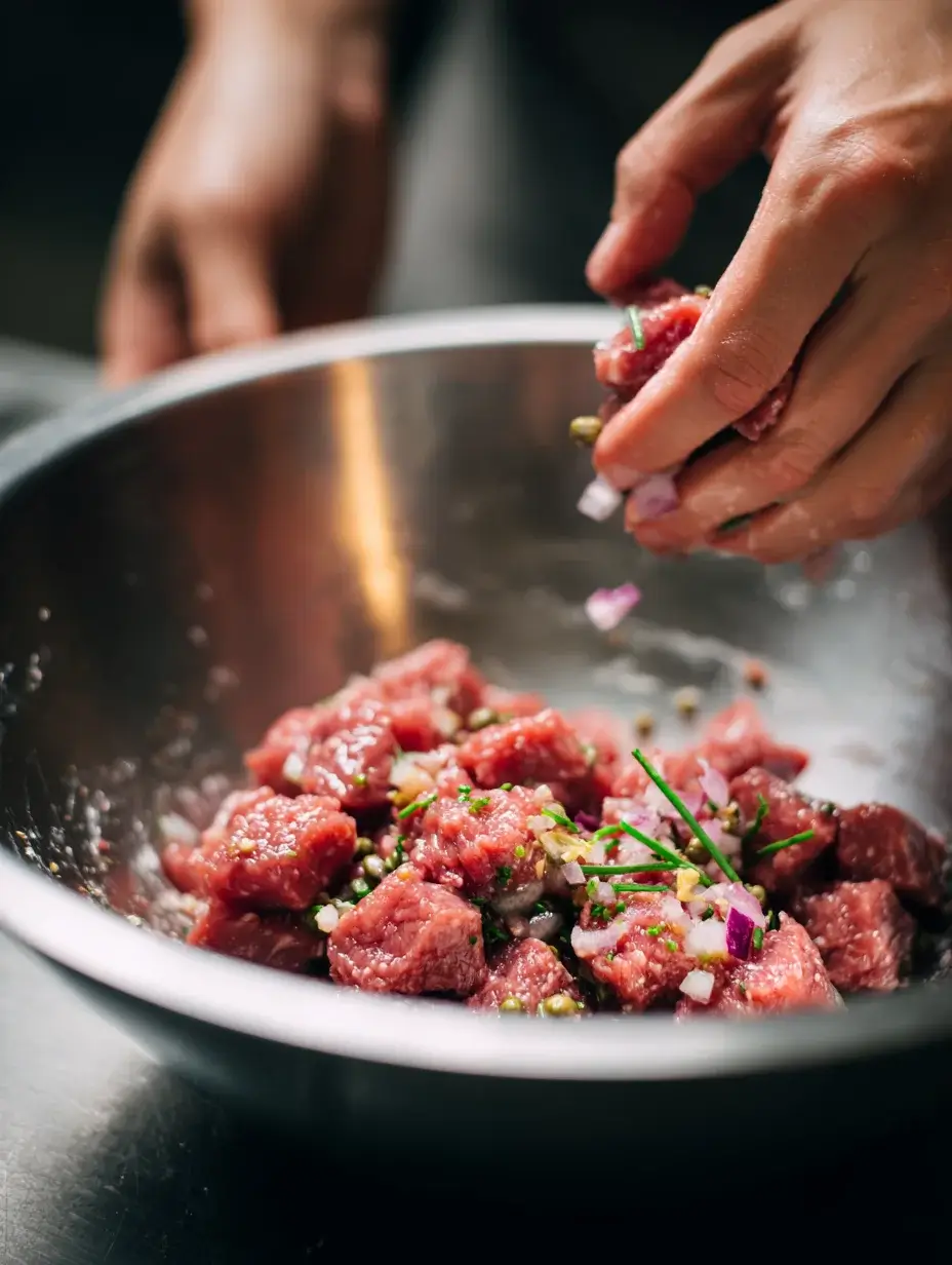 Mixing wagyu tartare ingredients in a bowl