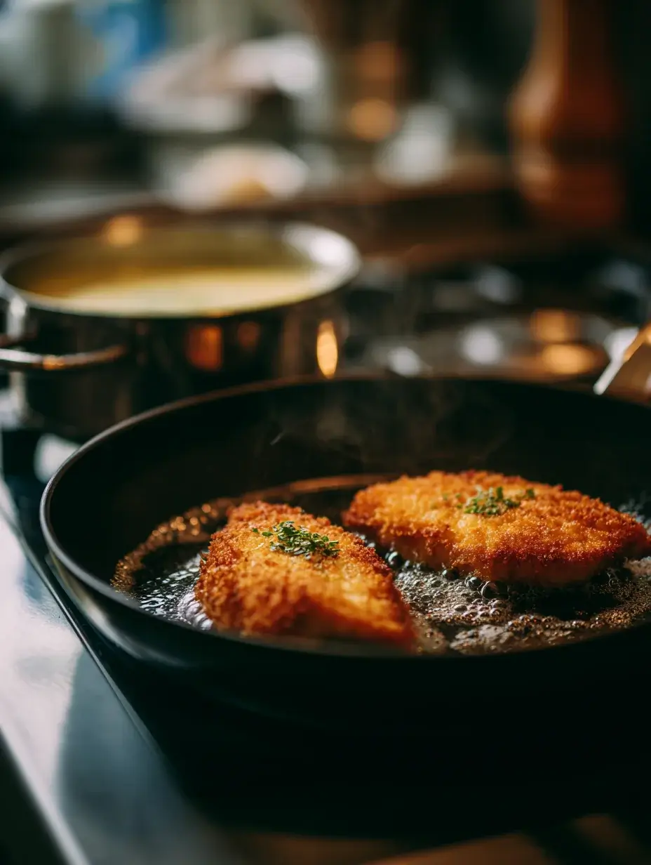 Frying Crispy Chicken Breast while herb cream sauce simmers.