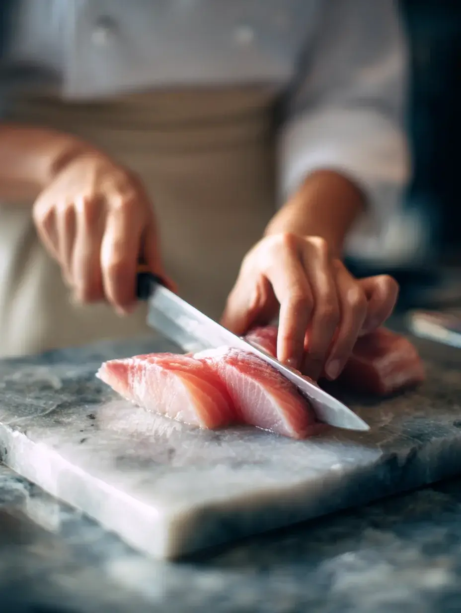 Chef slicing sashimi-grade amberjack for crudo.
