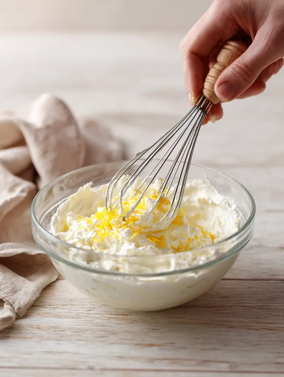 Whisking ricotta, lemon zest, and honey for Ricotta Lemon Cloud.
