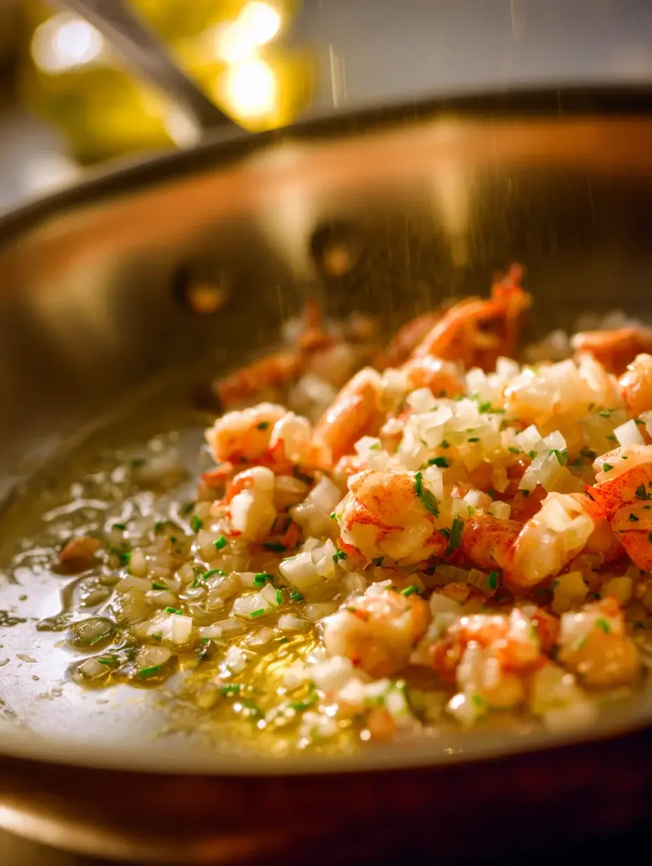 Cooking langoustine filling with shallots and butter in a pan.