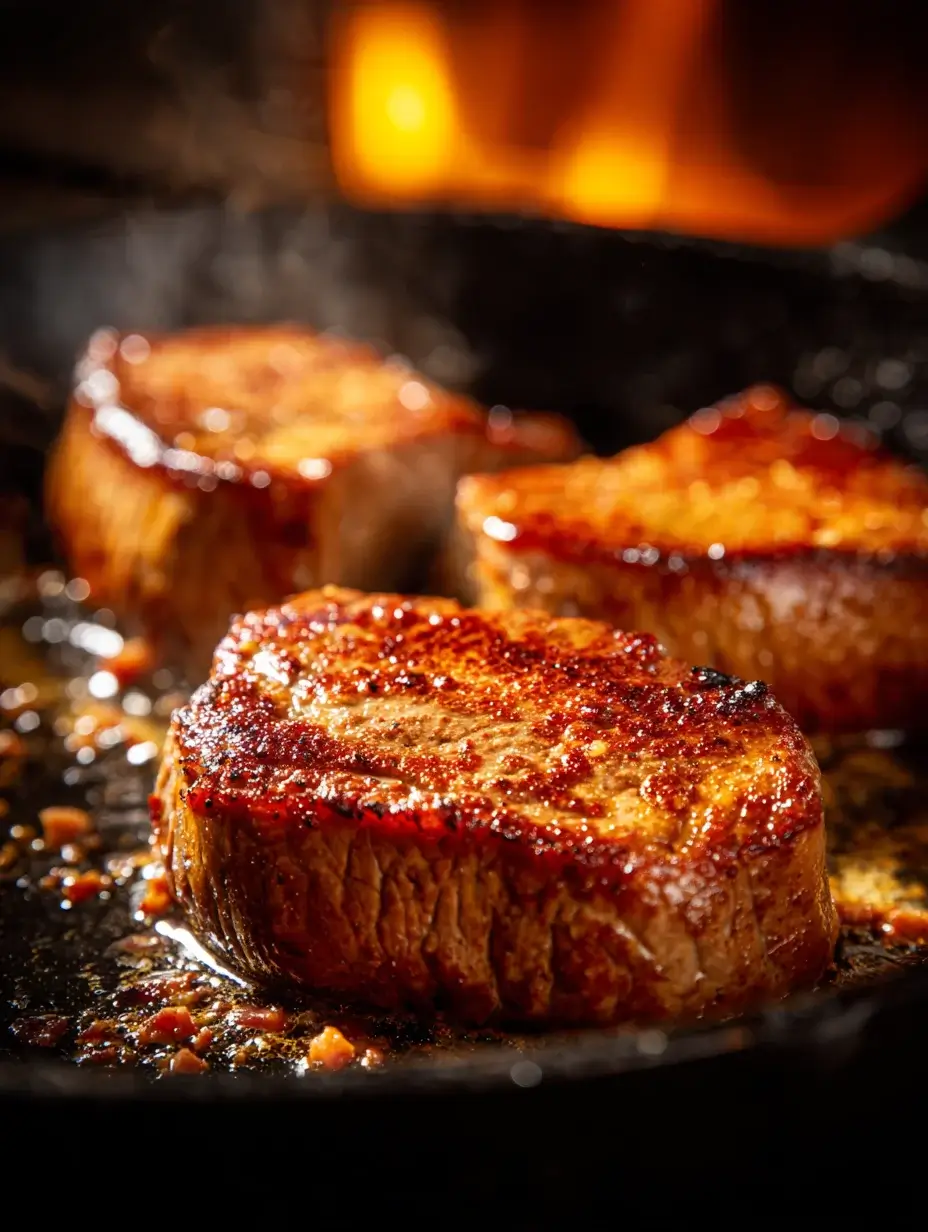 Searing beef loin steaks in cast iron skillet.