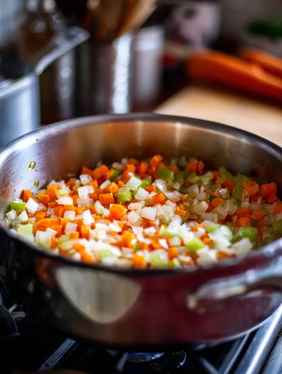 Sautéing onions, carrots, and celery in olive oil for Italian lentil soup.
