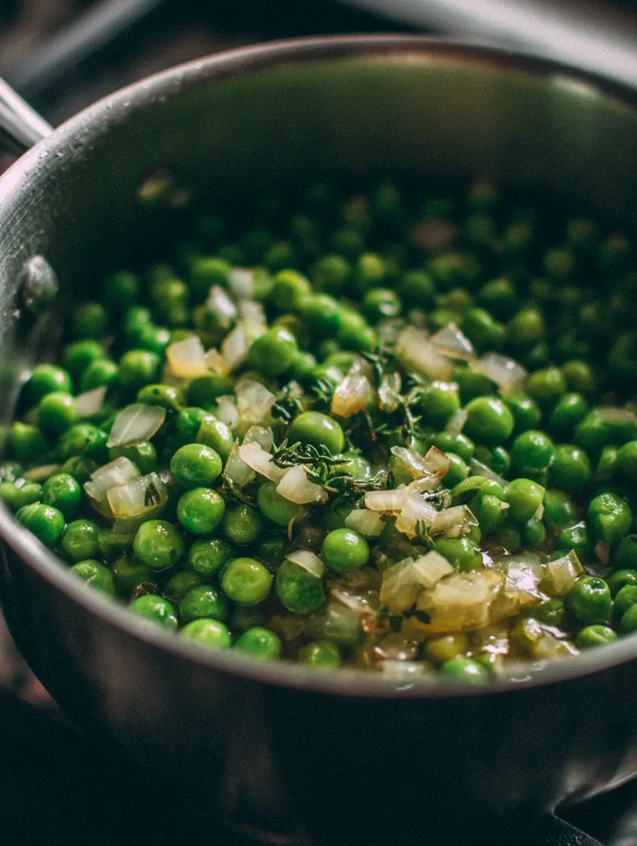 Green peas and shallots sautéing in butter to make the pea purée.