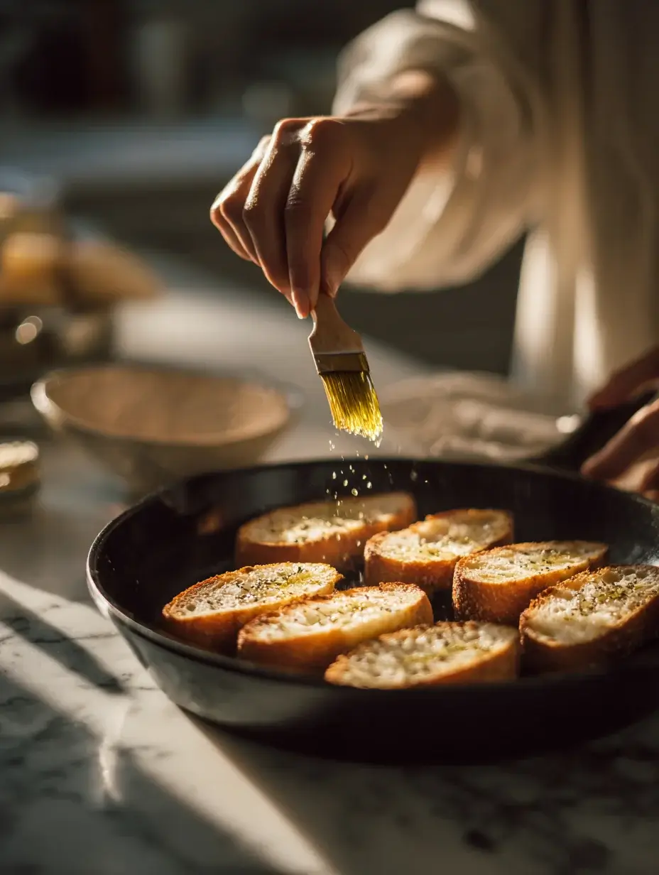 Brushing olive oil on baguette slices to prepare the canapé base.