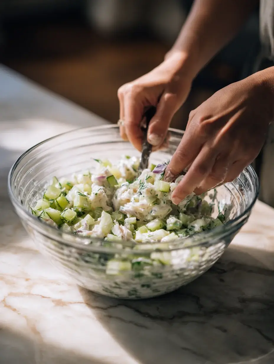 Hands mixing crab salad with fresh herbs and dressing in a bowl.