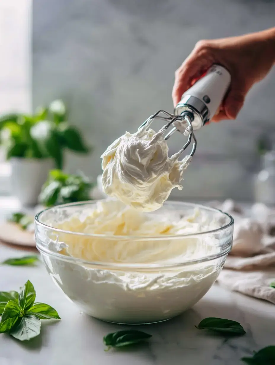 Hands whipping burrata and cream together to make a soft Burrata Cloud.