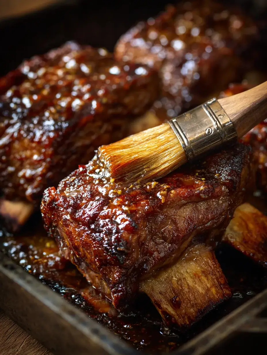 Glazing soy-marinated beef ribs before roasting.