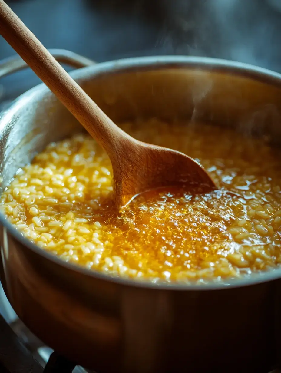 Cooking saffron risotto in a stainless steel pan