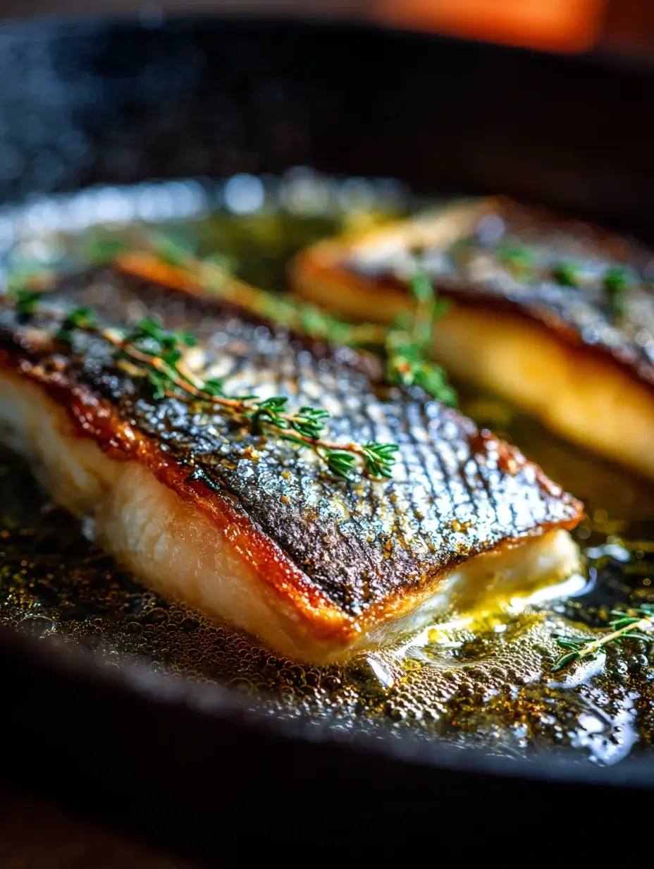 Sea bass fillet pan-searing with thyme and butter.