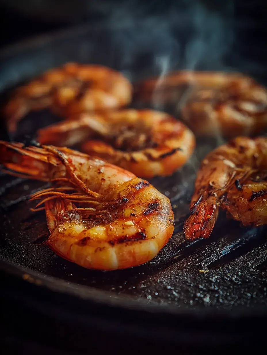 Grilled shrimp for Pad Thai on cast iron pan, golden sear.