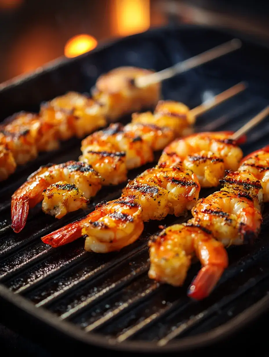 Shrimp skewers grilling on cast-iron pan with golden char marks.