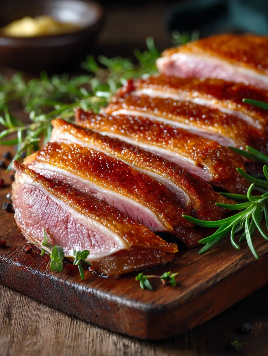 Sliced smoked duck breast resting on a wooden cutting board.