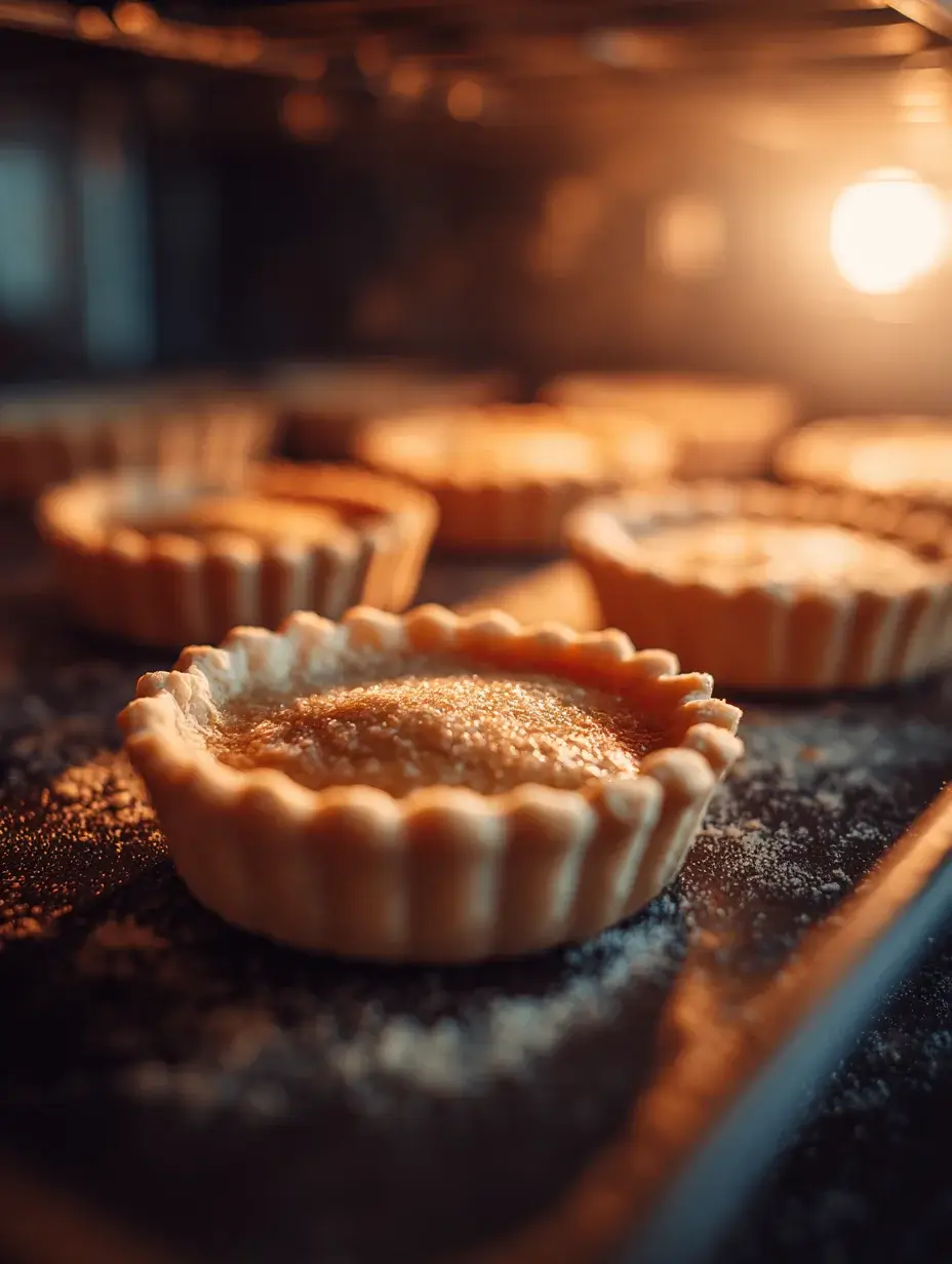 Golden tart shells baking in oven.