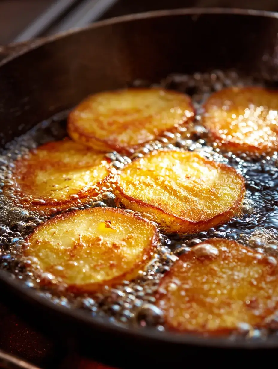 Frying thin potato slices to make crispy potato bases.