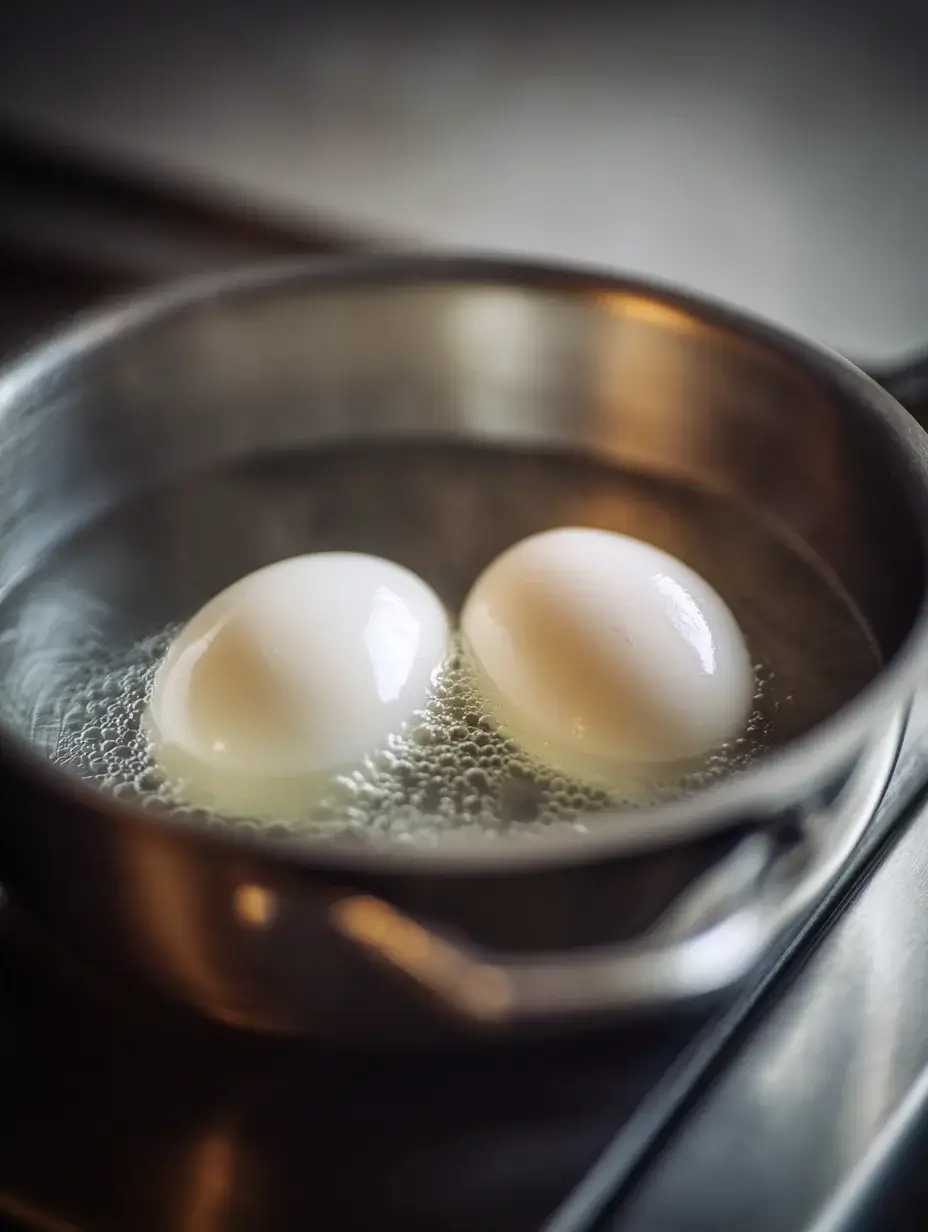 Poaching eggs in simmering water for smoked salmon avocado toast.
