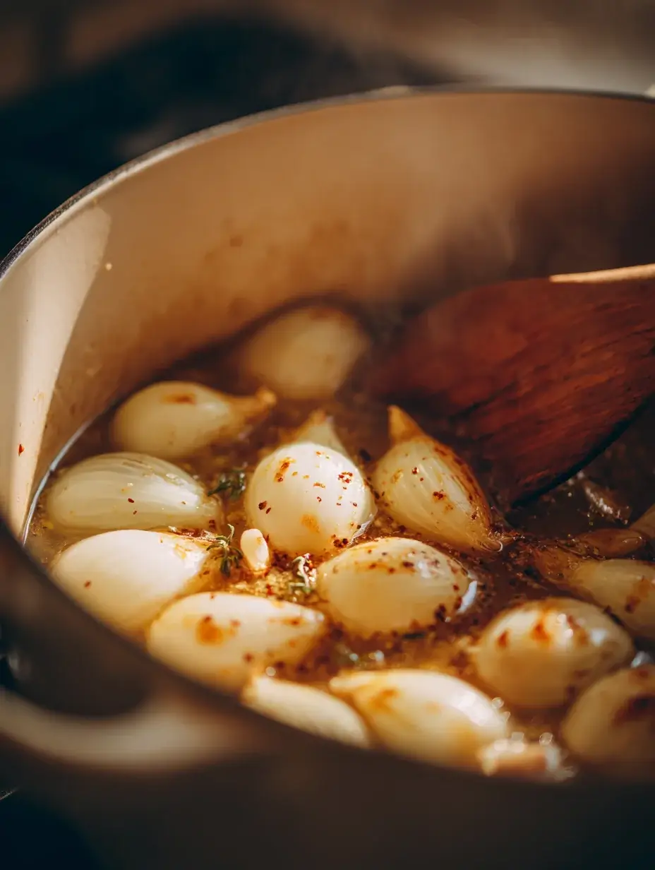 Sautéing onions and garlic in olive oil for creamy cauliflower soup.