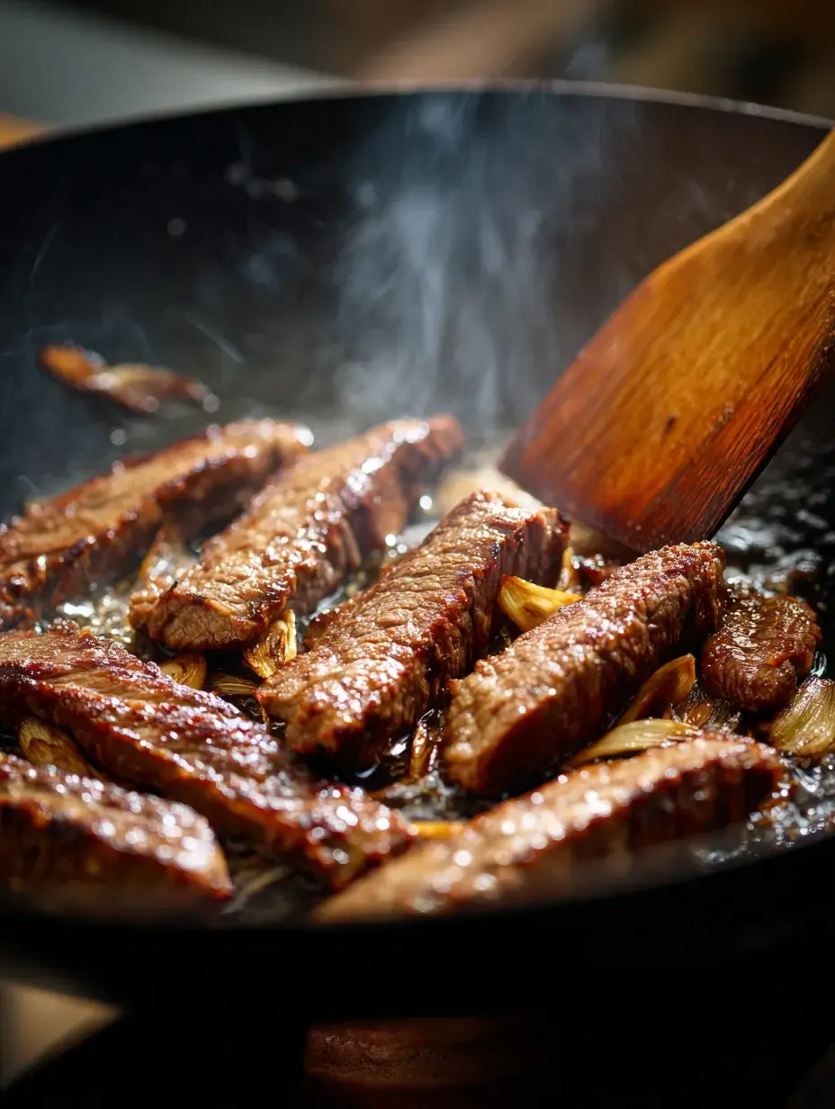 Steak slices searing in a wok with garlic and ginger.