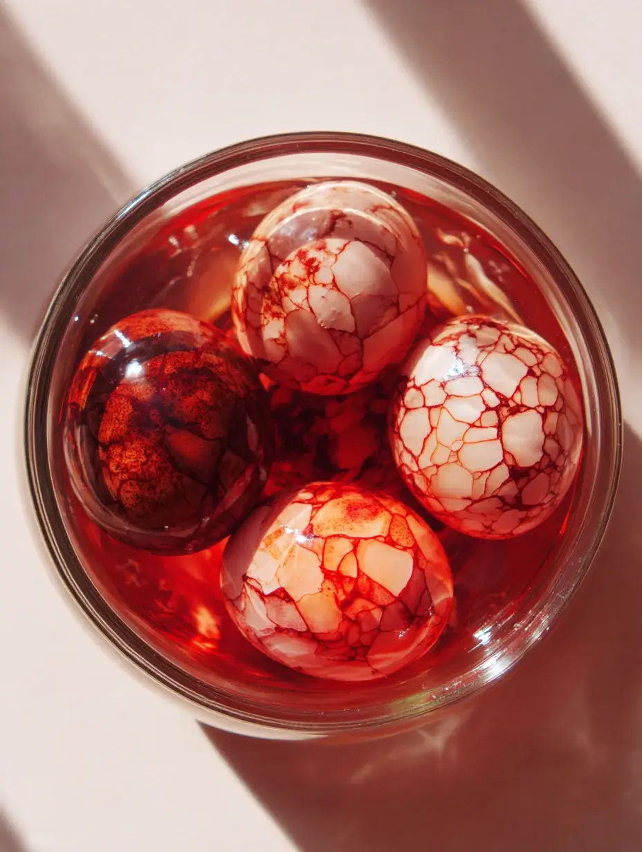 Cracked eggs marbling in colored water