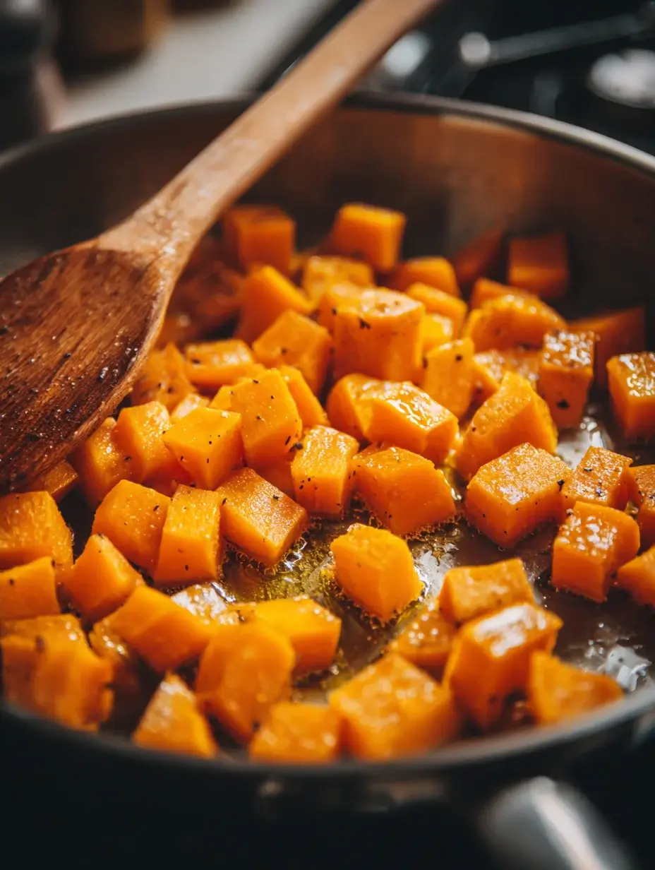 Pumpkin cubes sautéing in butter for pumpkin and chestnut risotto.
