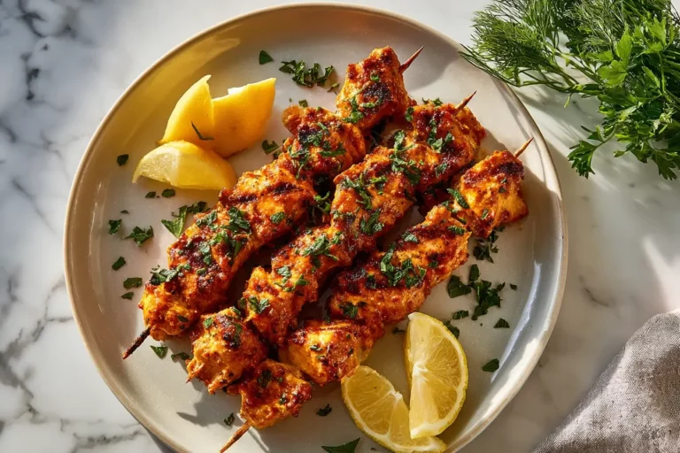 Spicy garlic parmesan chicken skewers served hot.