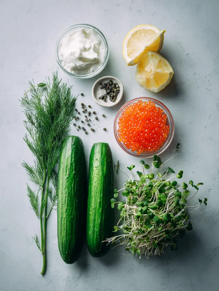 Ingredients for cucumber cylinder with dill cream recipe.