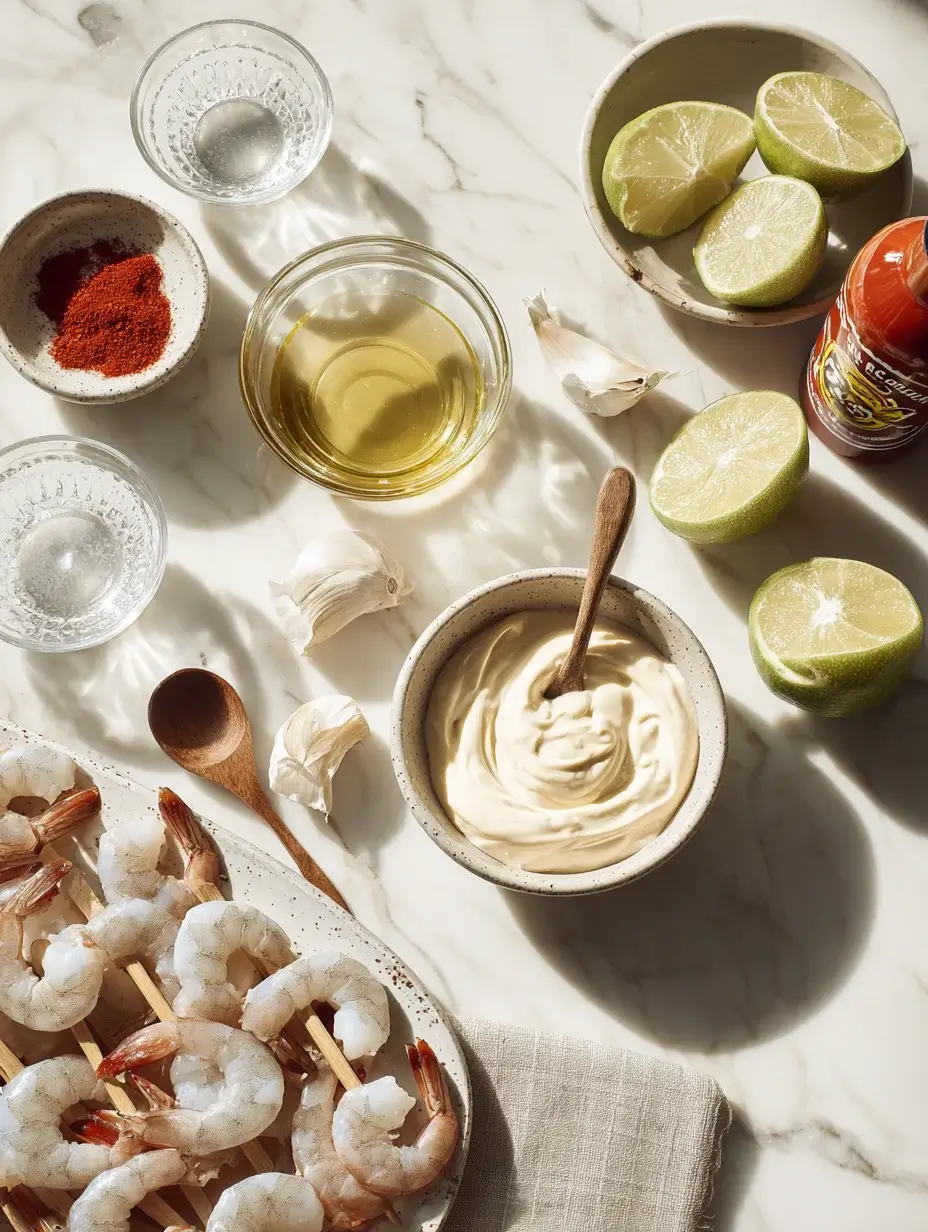 Ingredients for grilled shrimp skewers with spicy cream sauce on marble surface.