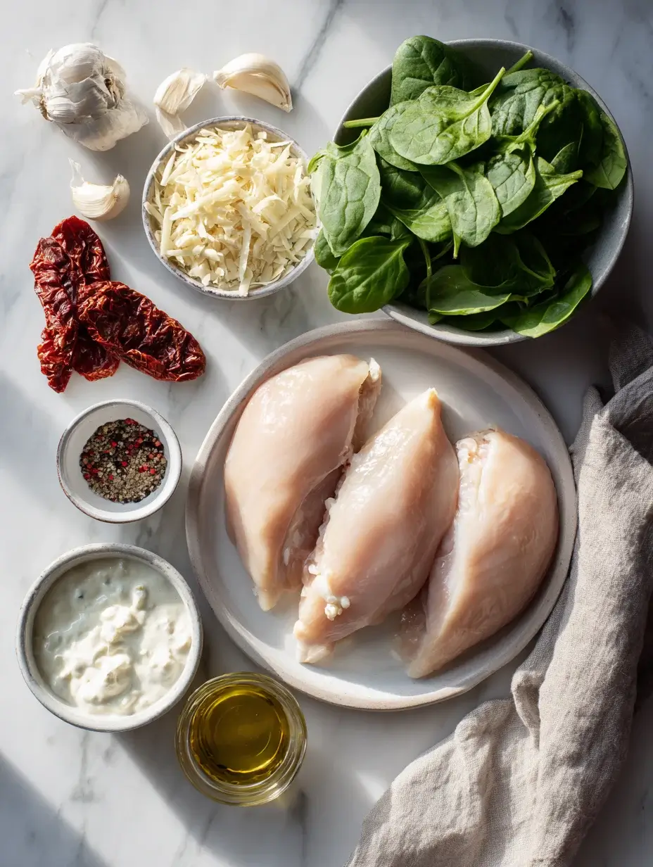 Flat lay of ingredients for Creamy Tuscan Chicken including chicken, garlic, spinach, and sun-dried tomatoes.