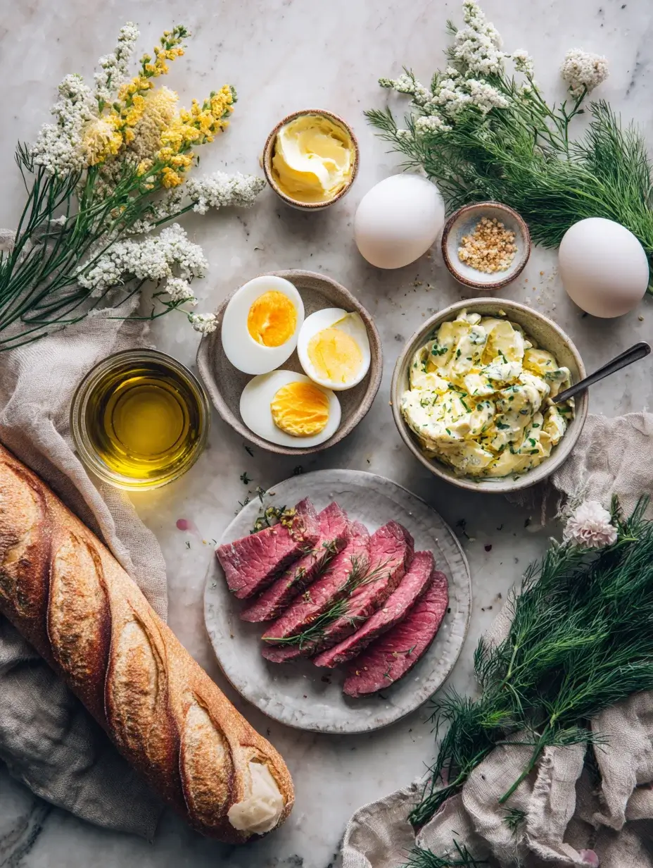 Flat lay of ingredients for Beef Rose Canapé with Herbed Egg Salad including bread, eggs, and herbs.
