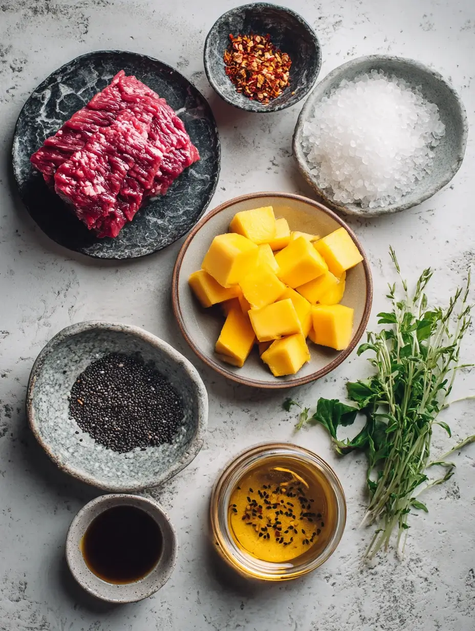 Flat lay of ingredients for Beef Tataki Spoon with mango, chili, and sesame.