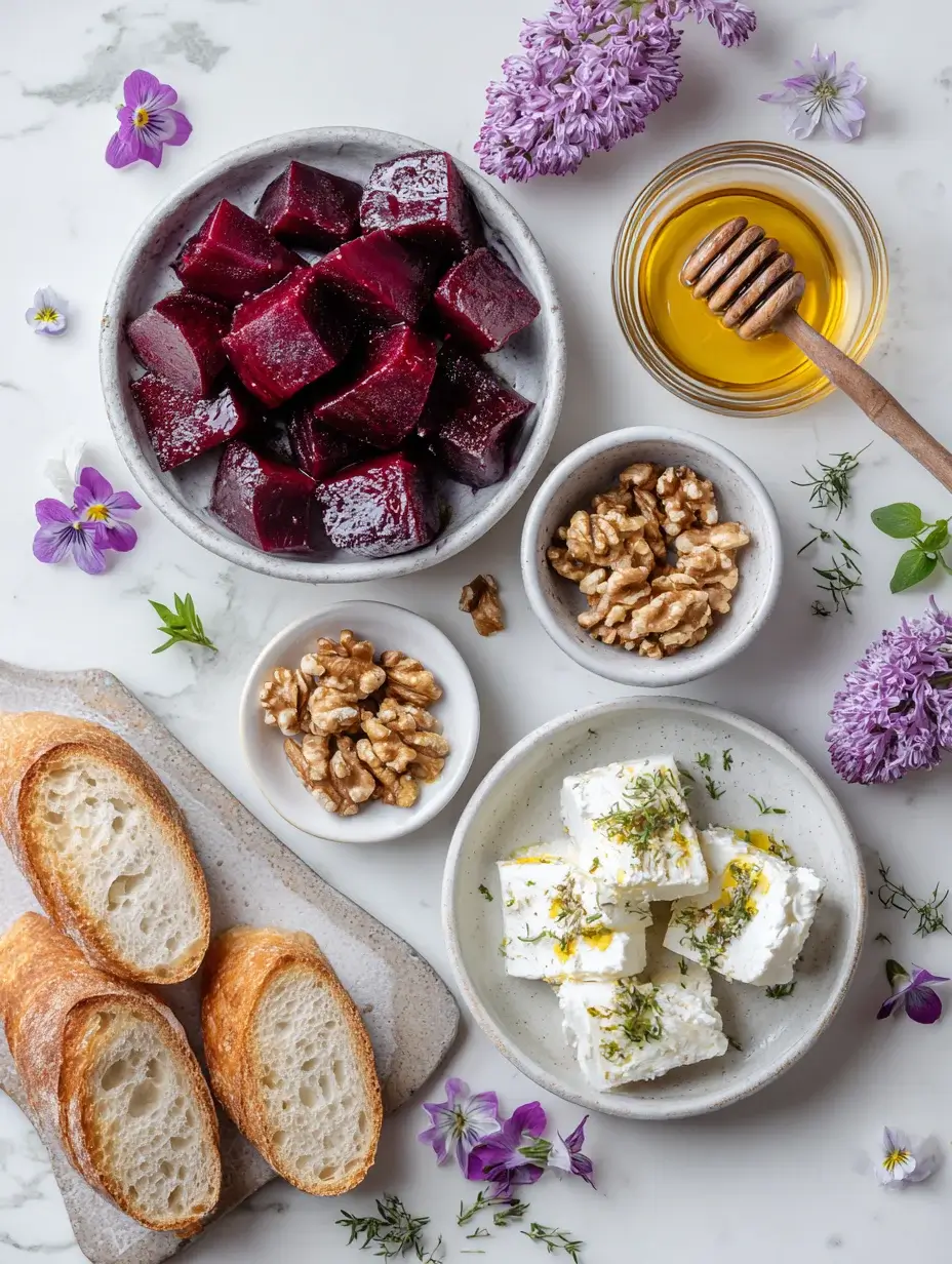 Ingredients for Beetroot and Goat Cheese Crostini flat lay
