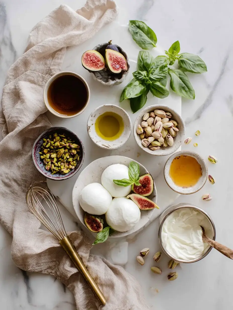 Flat lay of burrata, figs, basil, pistachios, and ingredients for Burrata Cloud recipe.