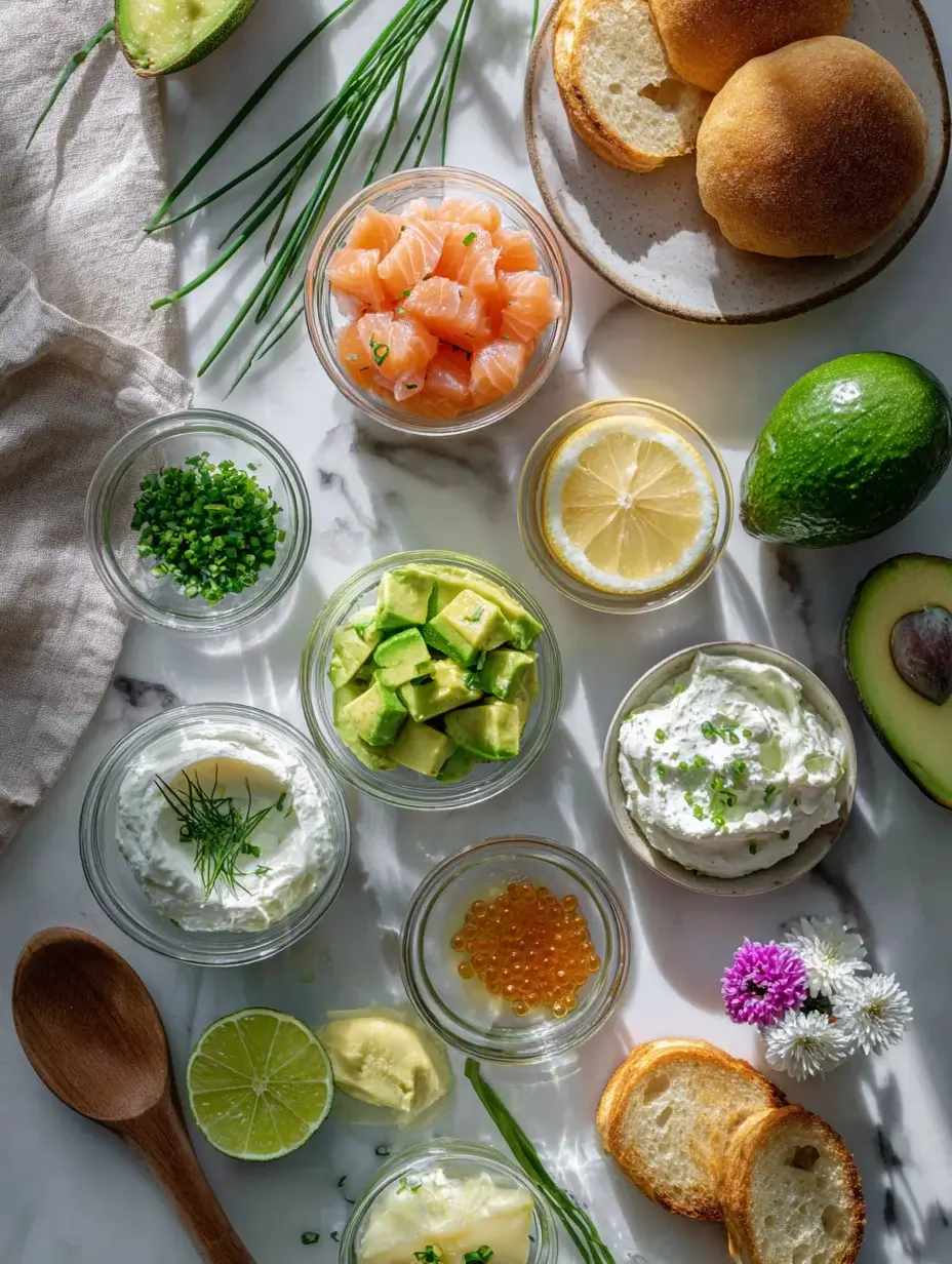 Flat lay of fresh ingredients for Salmon Tartare Brioche.