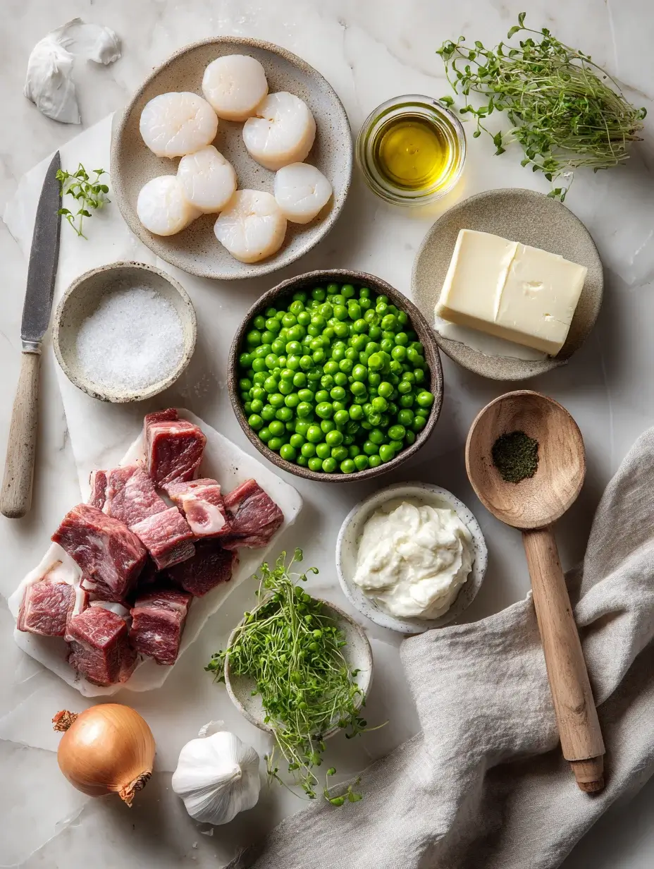 Ingredients for seared scallops and crispy beef belly on green pea purée displayed on marble.