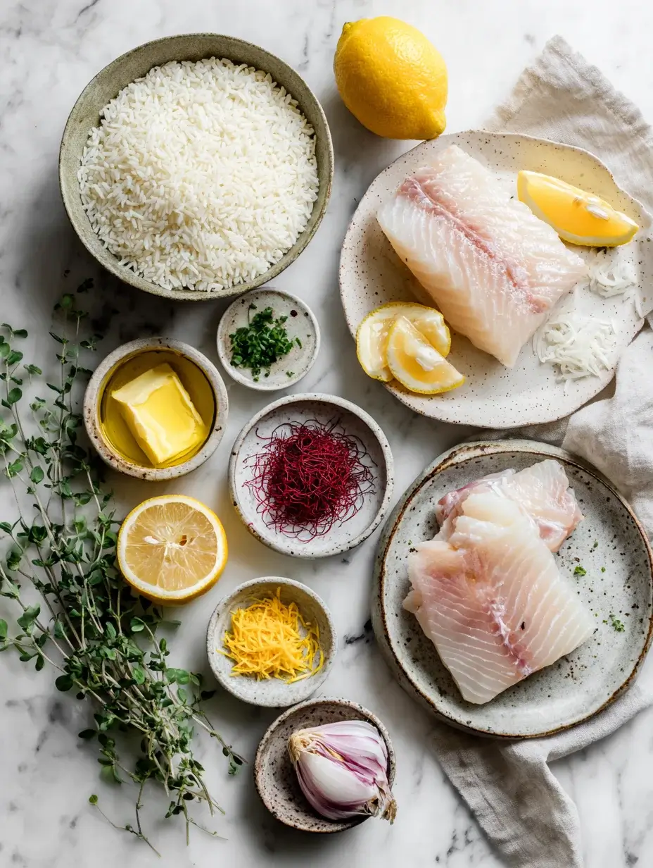 Ingredients for Seared Sea Bass with saffron risotto and citrus beurre blanc