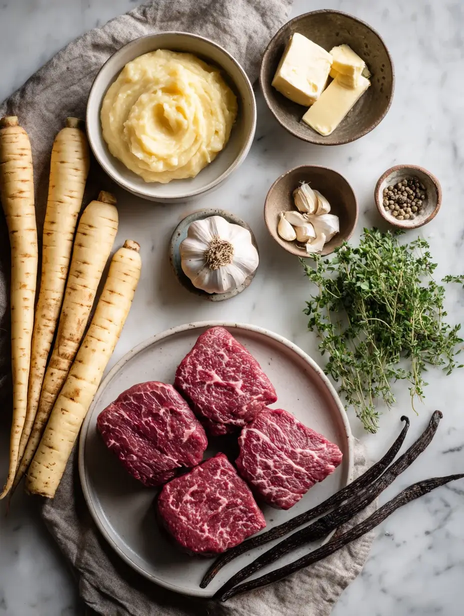 Ingredients for beef loin with parsnip and vanilla purée on marble.