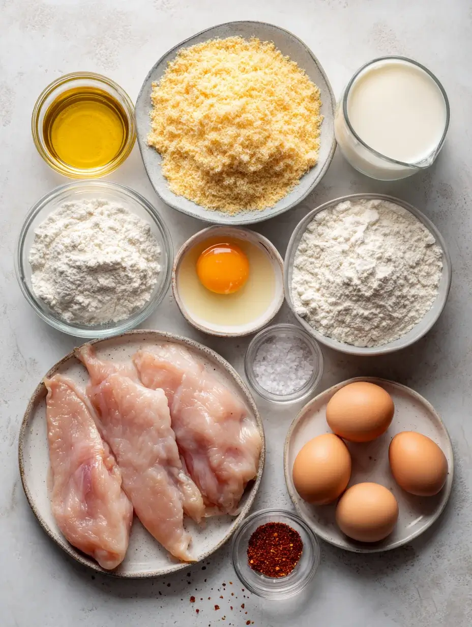 Ingredients laid out for crispy baked chicken tenders.