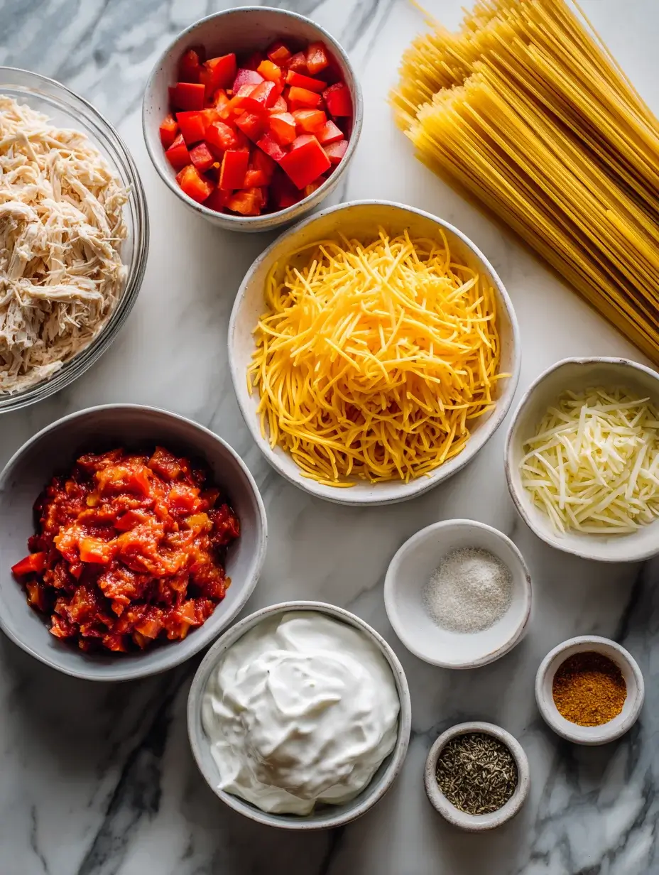 Ingredients for Irresistible Spicy Southern Chicken Spaghetti arranged on marble.