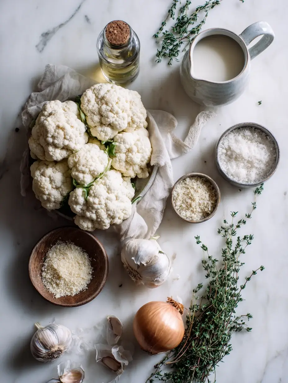 Flat lay of ingredients for creamy cauliflower soup with truffle oil and butter.