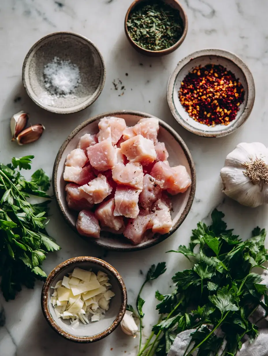 Ingredients for spicy garlic parmesan chicken skewers.