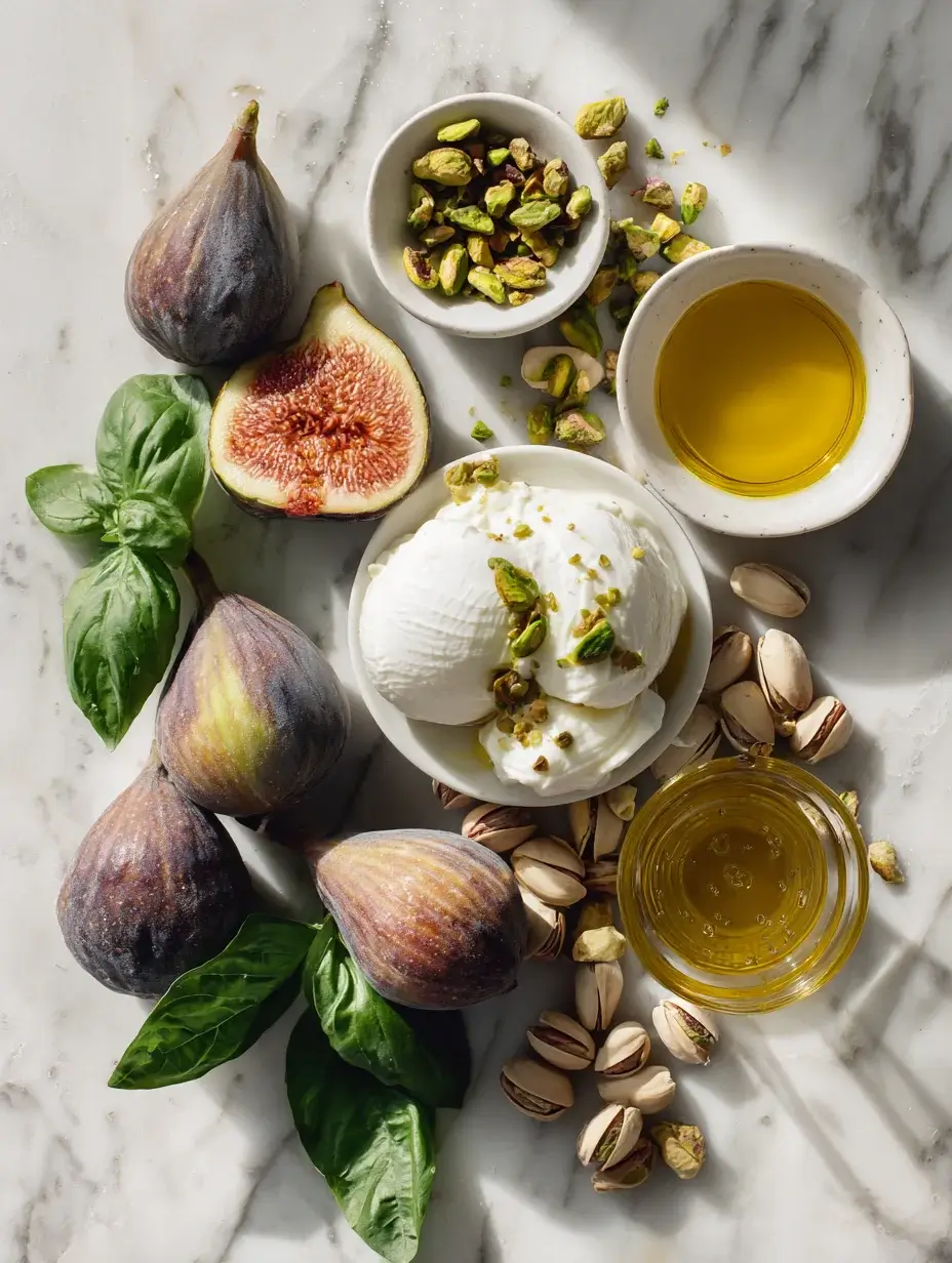 Flat lay of ingredients for burrata with roasted figs.
