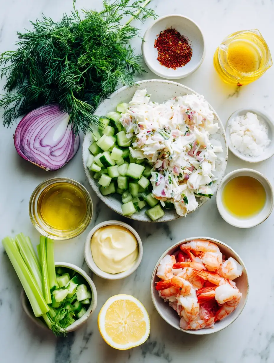 Flat lay of ingredients for Crab Salad Tower with shrimp, lemon, and herbs.