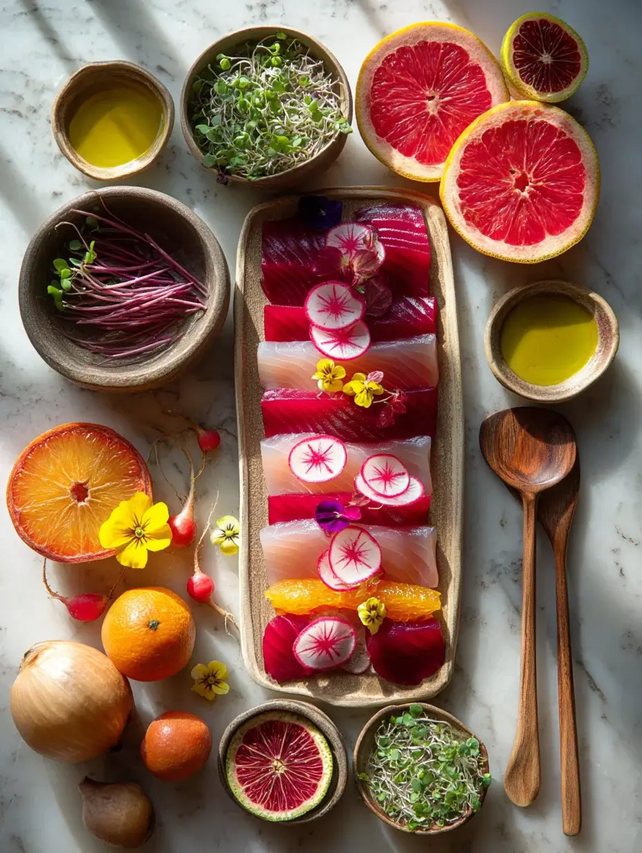 Flat lay of fresh ingredients for Amberjack Crudo.