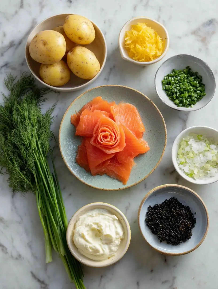Ingredients for Smoked Salmon Rosette on Potato Cake.