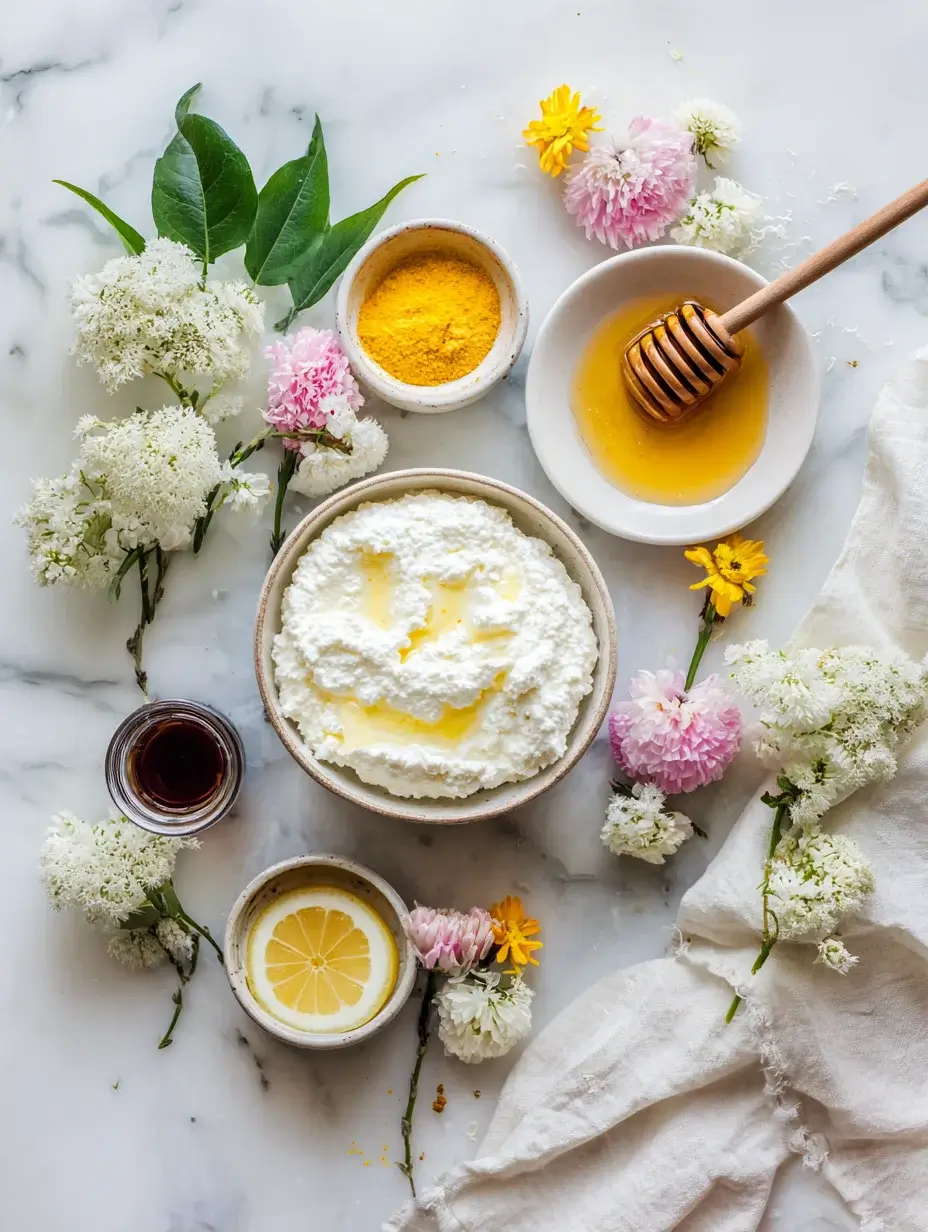 Ingredients for Ricotta Lemon Cloud arranged on marble.