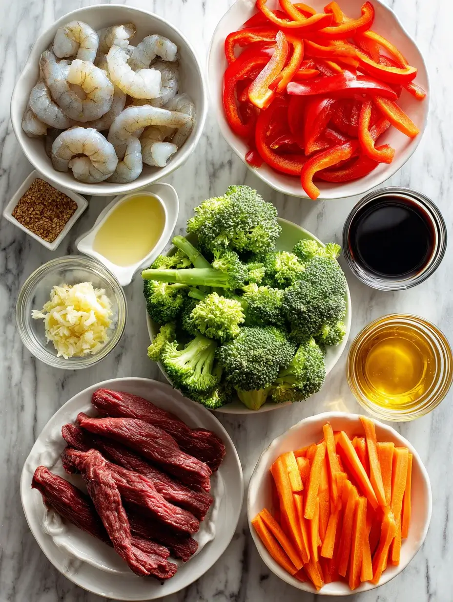 Fresh ingredients for Steak & Shrimp Stir-Fry arranged on marble counter.
