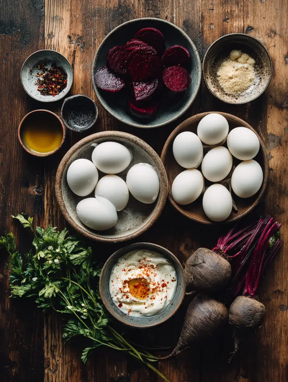 Flat lay of ingredients for Bloody Beetroot Deviled Eggs including beets, eggs, and spices.