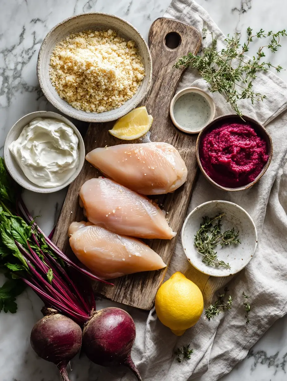 Ingredients for Crispy Chicken Breast recipe with herbs, beets, and cream.
