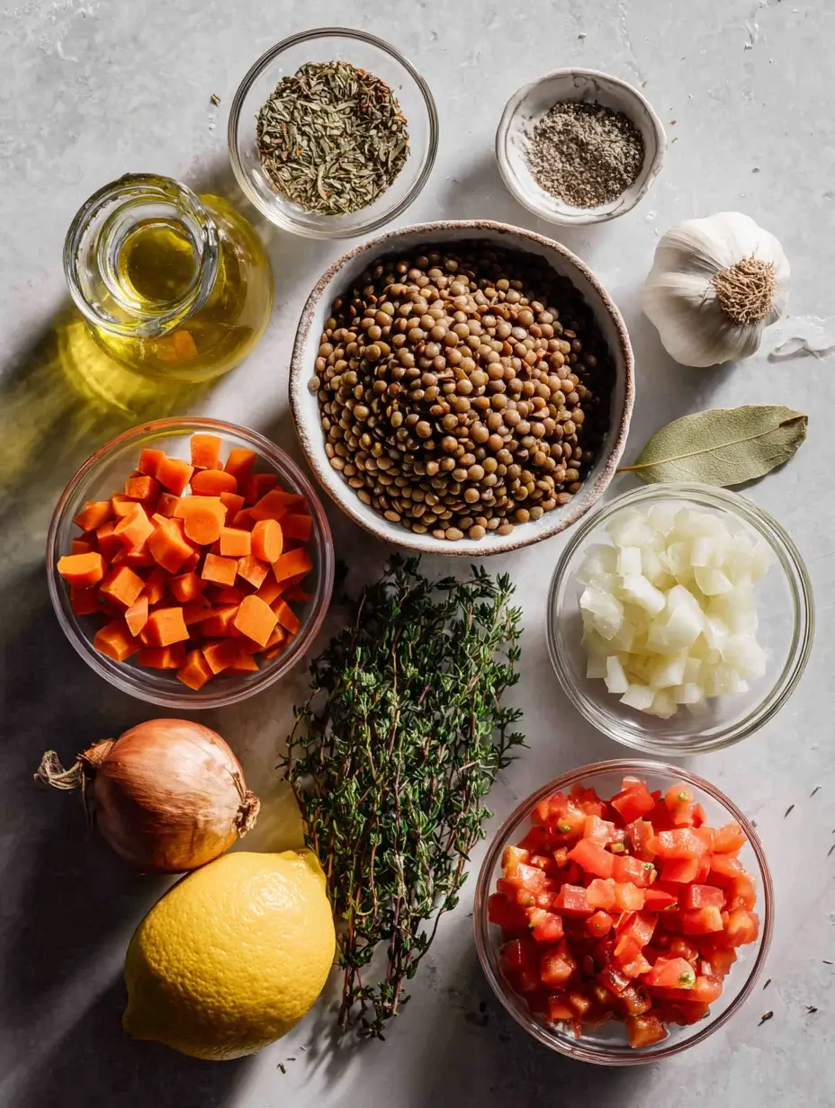 Italian lentil soup ingredients flat lay with vegetables and olive oil.